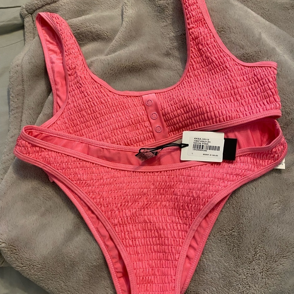 Kendall + Kylie Henley Bikini Two Piece Bathing Suit Neon Pink Size Large - Picture 6 of 9
